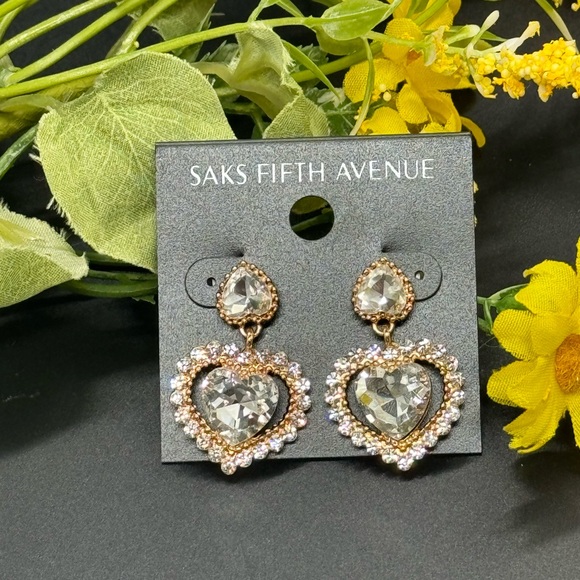 Elegant Saks Fifth Avenue Heart Crystal Post With Drop Crystal Heart Earrings - Picture 3 of 5